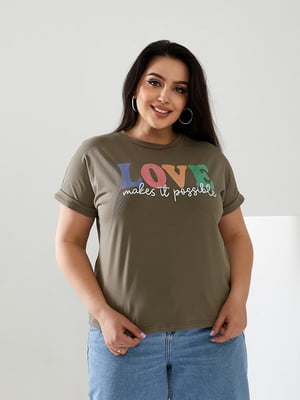Базова футболка кольору хакі з принтом Love | 6821493