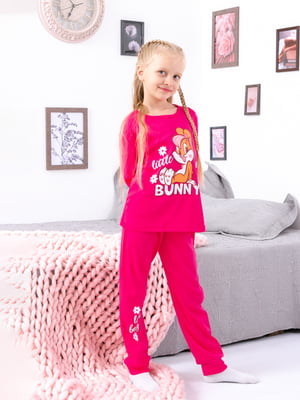 Бавовняна рожева піжама з принтом: лонгслів та штани | 6822091