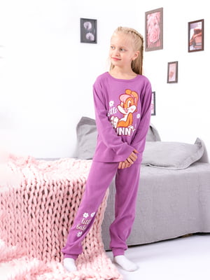 Бавовняна фіолетова піжама з принтом: лонгслів та штани | 6822096