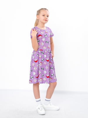 Фіолетова сукня в принт з коротким рукавом | 6822269