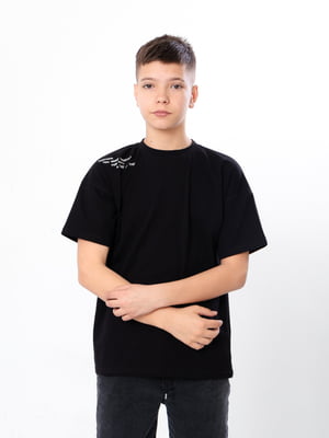 Чорна підліткова футболка з текстовим принтом | 6822391