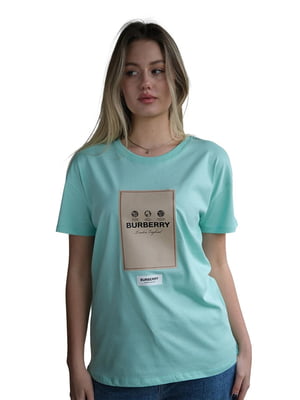 Бавовняна футболка бірюзового кольору з принтом | 6822766