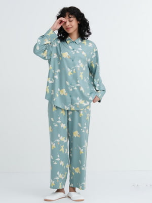Гладкая пижама Uniqlo комплект рубашка и штаны 1159801972 (Зеленый, XL) | 6825197