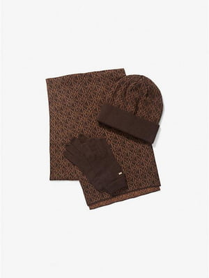 Вязаный комплект Michael Kors шапка с шарфом и перчатками 1159800791 (Коричневый, One size) | 6825347