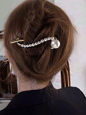 Блискуча прикраса для волосся із металу золотистого кольору з перлинами (11х3 см) 
Діаметр перлини від 0,5 до 2 см | 6826281