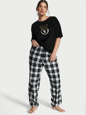 Фланелева чорна піжама: футболка і штани | 6796294