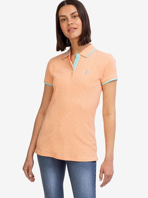 Персикова футболка-поло в горох з вишитим логотипом | 6825955