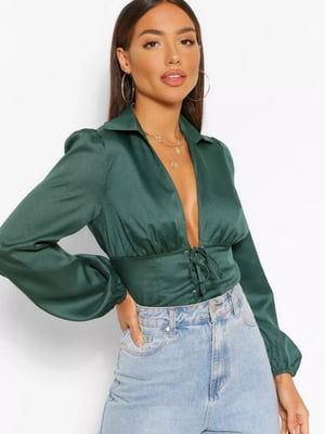 Блуза-топ на шнурівці зелена | 6826420