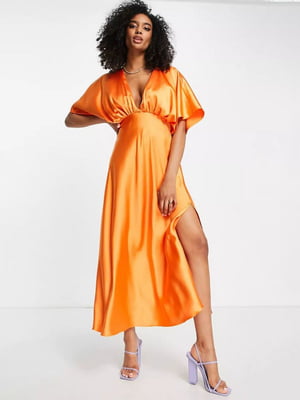 Сукня міді атласна однотонна помаранчевого кольору | 6826614
