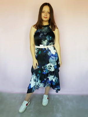 Сукня А-силуету синя в квіти | 6826659
