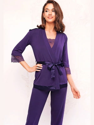 Фіолетовий комплект-трійка: майка, штани та халат | 6827069