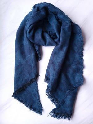 Асиметричний синій шарф-палантин з бахромою (232х52 см) | 6827076
