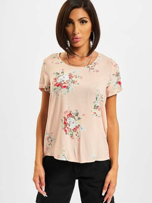 Рожева блуза з коротким рукавом в квіти | 6827344