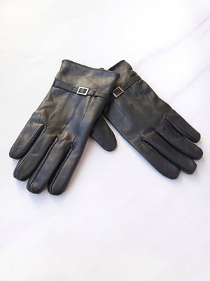 Шкіряні чорні рукавички на флісі з пряжкою | 6827497