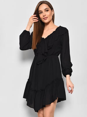 Асиметрична чорна сукня, прикрашена оборками | 6828345