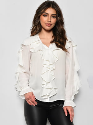 Блуза білого кольору з рюшами  | 6828445