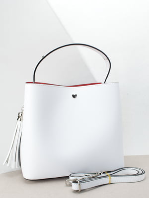 Шкіряна біла сумка-шопер з китицею і червоною підкладкою | 6829150