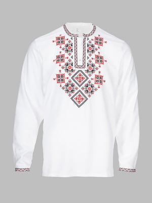 Біла сорочка, прикрашена орнаментною вишивкою червоного кольору | 6829300