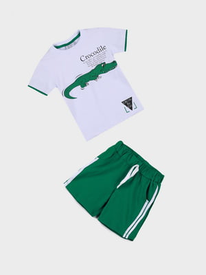 Костюм біло-зелений з принтом:футболка та шорти | 6829465