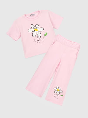 Комплект рожевий: футболка з принтом і штани | 6829483