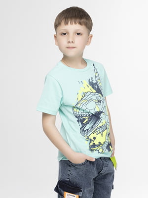 Хлопковая футболка бирюзового цвета с принтом | 6830662
