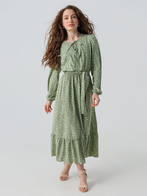 Сукня з поясом літня зелена в квітковий принт | 6831416