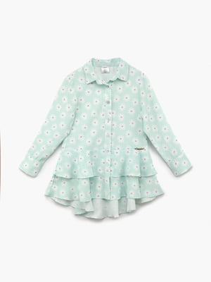 Блуза бірюзового кольору в квітковий принт, прикрашена подвійною куліскою | 6831759