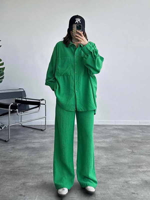 Зелений костюм: оверсайз сорочка та штани-палаццо | 6833530