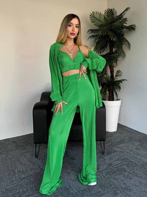 Зелений костюм-трійка в рубчик: топ, сорочка та штани | 6833556