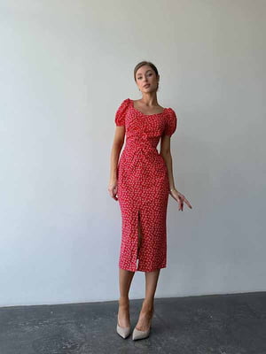 Червона сукня-міді в квітковий принт з розрізом | 6833649