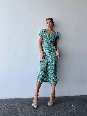 Бірюзова сукня-міді в квітковий принт з розрізом | 6833651