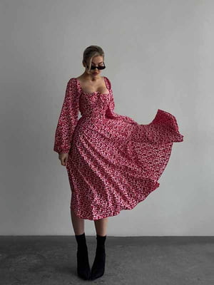 Червона А-силуетна сукня-міді в квітковий принт | 6833666