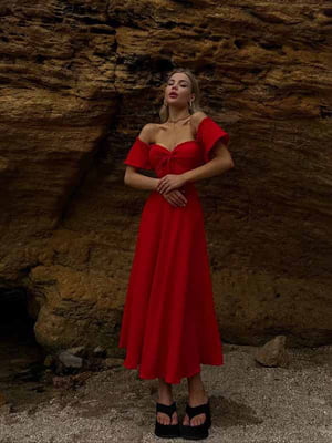Муслінова червона сукня-міді із зав’язкою на ліфі | 6833680
