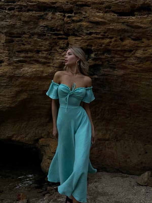 Муслінова сукня-міді м’ятного кольору із зав’язкою на ліфі | 6833681