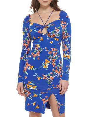 Облегающее синее платье с чашечками в цветочный принт | 6833909