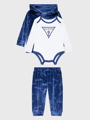 Детский набор Unisex Soft Chenille Logo 3 Piece Set: боди белое с принтом, синяя толстовка и брюки | 6833914
