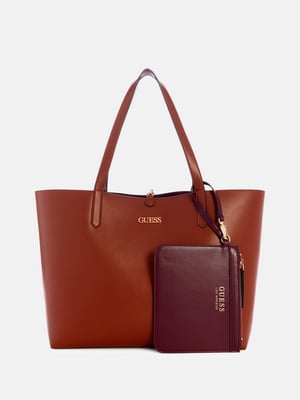 Двусторонняя коричнево-фиолетовая сумка с мини-клатчем | 6833931