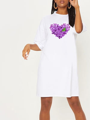 Сукня-футболка біла з подовженим рукавом "Lilac-heart" | 6834116
