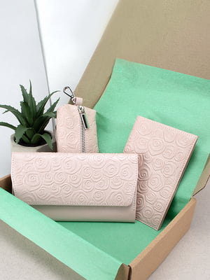 Подарунковий набір №92: гаманець Leona, обкладинка на паспорт і ключниця (рожеві квіти) | 6834825