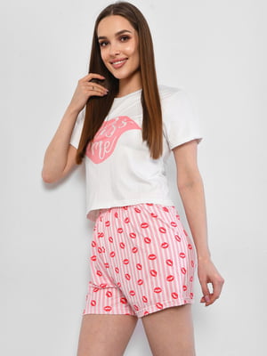 Біло-рожева піжама з принтом: футболка та шорти | 6836107