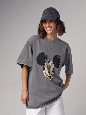 Сіра футболка oversize з принтом Mickey Mouse | 6838502