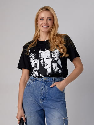 Чорна трикотажна футболка з принтом Marilyn Monroe | 6838525