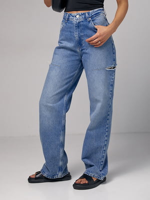 Синие джинсы с декоративными разрезами на бедрах | 6838534