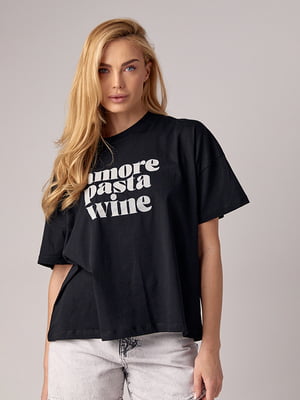 Черная футболка oversize с надписью Amore pasta wine | 6838575