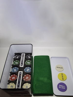 Набір для покеру в круглій металевій коробці на 200 фішок з номіналом | 6838857
