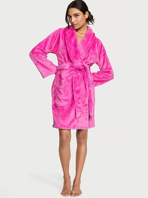 Плюшевый розовый халат с поясом | 6840268