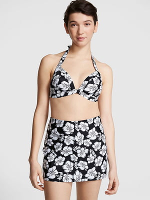 Раздельный черный купальник с цветочным принтом и пляжной юбкой | 6840326