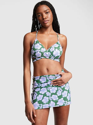 Раздельный зеленый купальник с цветочным принтом и пляжной юбкой | 6840327