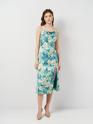 Приталенное бирюзовое платье в цветочный принт с разрезом | 6840442