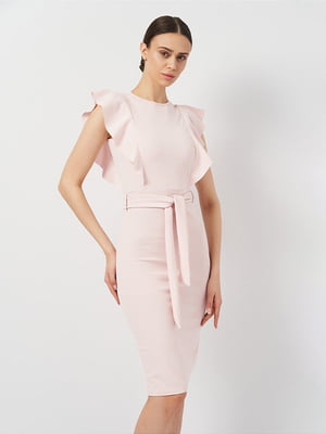 Рожева сукня-футляр з рукавом-флаттером і поясом | 6840467